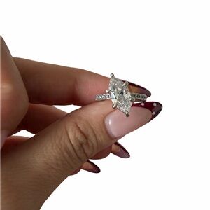 Sterling Silver Marquise Solitaire Halo Pinky Ring with Clear Stone - White